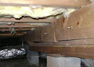 sagging crawl space with wooden shimming a Knoxboro crawl space